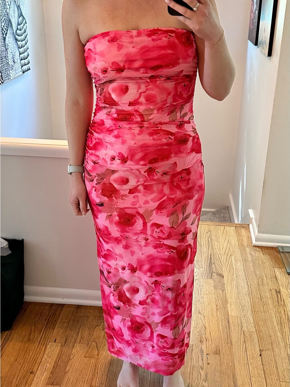 Pretty Garden Strapless Ruched Pink Floral Midi Dress
